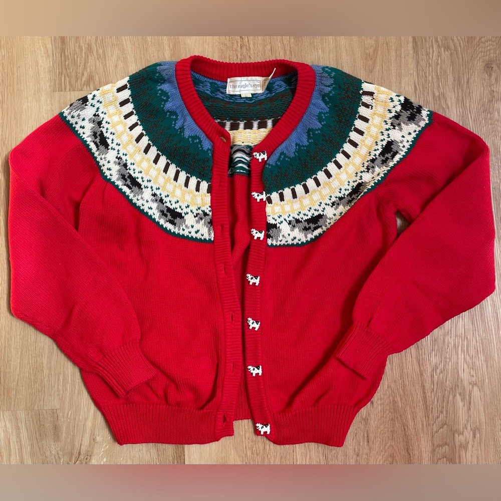 Vintage Eagle’s Eye cardigan sweater rare cow red large preppy cottagecore